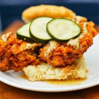 Princess · Buttermilk Biscuit Topped with Nashville Style Spicy Boneless “Hot Chicken” Thigh, Pickles, ...