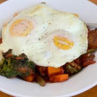Roasted Veggie Bowl · Butternut Squash, Green Beans, Mushrooms, Broccoli, Topped with Tomato Gravy and 2 Eggs Any ...