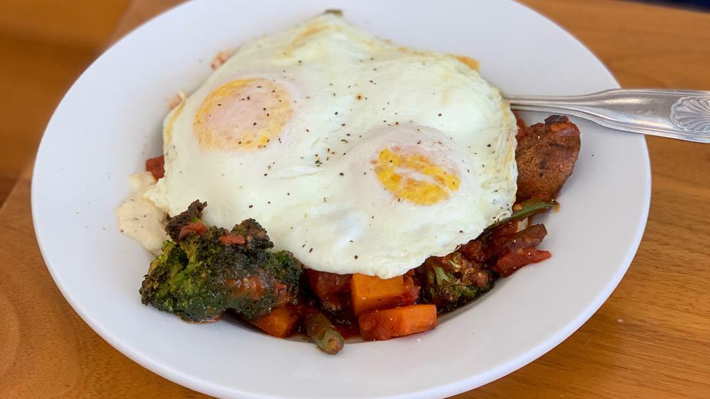 Roasted Veggie Bowl · Butternut Squash, Green Beans, Mushrooms, Broccoli, Topped with Tomato Gravy and 2 Eggs Any Style