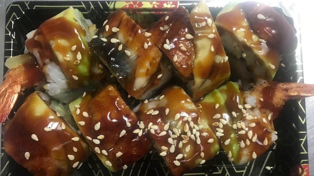 Manhattan Roll · Shrimp tempura roll with cucumber, eel, avocado on top.
