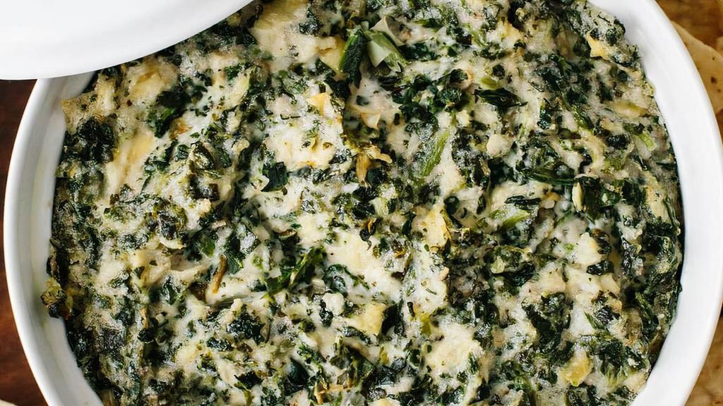 Creamy Spinach & Artichoke Dip · Gluten free. Spinach and artichoke hearts in our savory dairy free cream, a crowd pleaser for vegans and non-vegans!