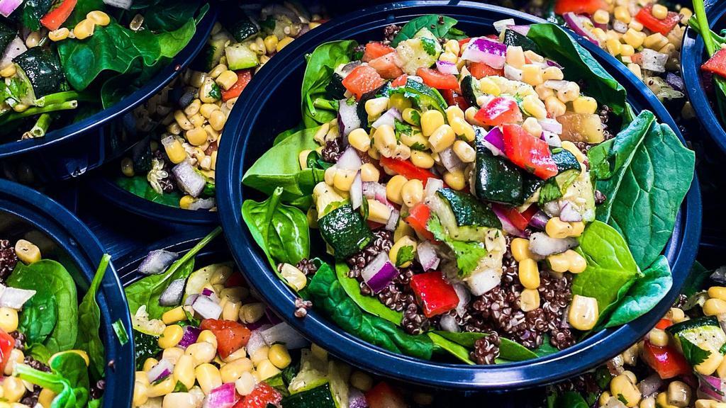 Mexican Chopped Salad Bowl · Spinach, spring mix, quinoa, black beans, corn, red bell pepper, red onion, cilantro with Chipotle Ranch dressing