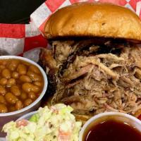 Bbq (Hand Pulled Pork) · 12 hour Hickory smoked hand pulled pork on a 4.25