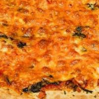 Margherita Pizza · Delicious sauce and cheese topped with tomatoes, fresh garlic, fresh basil leaves, cheddar, ...
