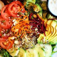 The Big Salad · Gluten-free. Carrots, beets, broccoli, cucumbers, sprouts, avocado, tomatoes, toasted almond...