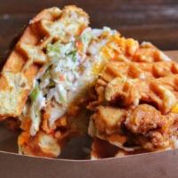 Chicken & Waffle Sandwich · Fried Chicken Between Two Waffles, Cackalaky Aioli, House Made Pimento Cheese, & Coleslaw