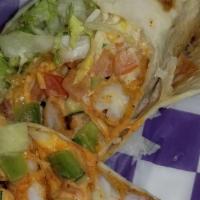 Shrimp Wrap · Flour Tortilla stuffed with lettuce,tomatos, green peppers, cucumbers, cheese, hot sauce ,ra...