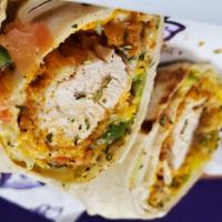 Chicken Wrap · Flour Tortilla stuffed with lettuce, tomatos, green peppers, cucumbers, cheese, hot sauce ,r...