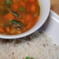 Sambar Rice · Basmati Rice and lentil vegetable soup.