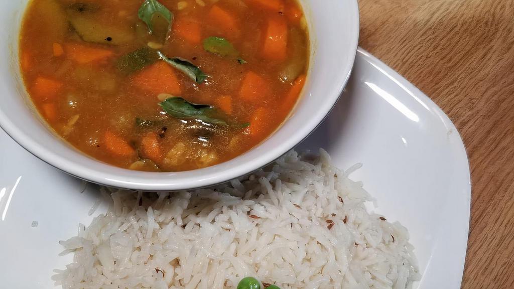 Sambar Rice · Gluten-free, vegan. Lentil Vegetable soup with Basmati Rice