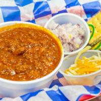 Homemade Chili · 8 oz. Cup Homemade with Chili Beans.  Served with crackers, diced onions and shredded cheese.