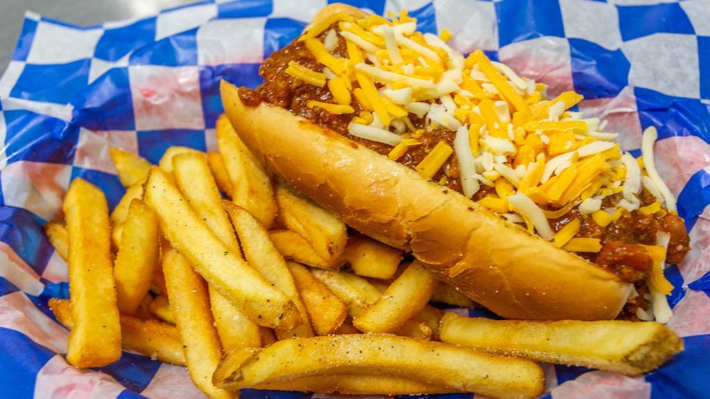 Chili Cheese Dog · All-meat hot dog topped with chili and cheese.