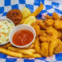 Shrimp Basket · 1/2 pound breaded and fried shrimp served with fries, coleslaw, house-made hush puppy, and h...