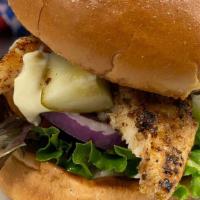 Grilled Chicken Sandwich · Grilled chicken breast with American, pepper jack, or Swiss cheese on a buttered toasted bri...