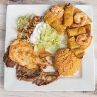 Sample Plate · Cheese quesadilla, taquitos, steak, grilled chicken breast, four large shrimp, lettuce, avoc...