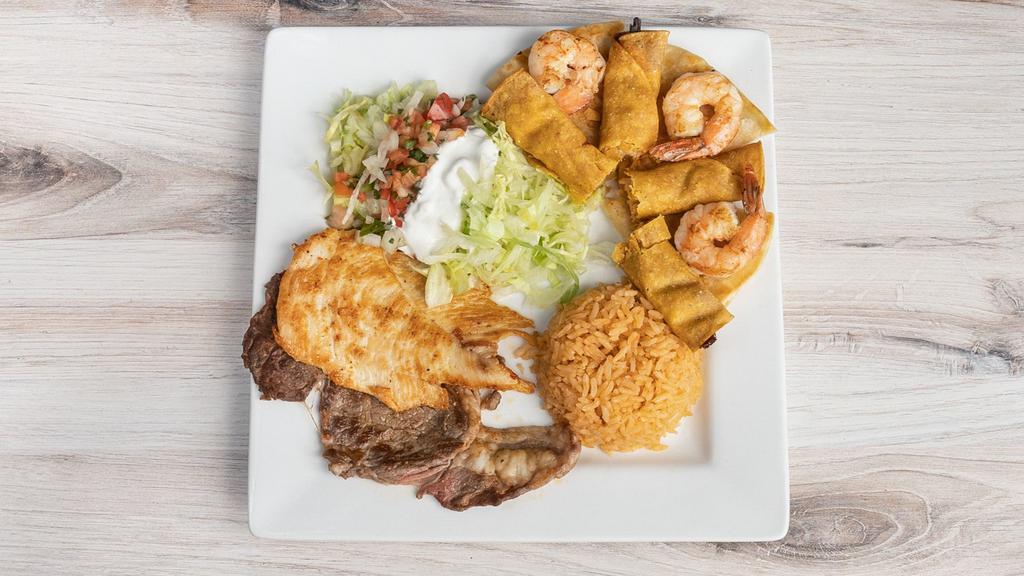 Sample Plate · Cheese quesadilla, taquitos, steak, grilled chicken breast, four large shrimp, lettuce, avocado, rice, and pico de gallo.