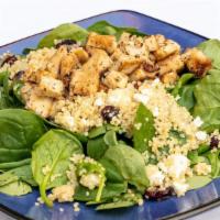 Chicken Quinoa Salad
 · Grilled Chicken Breast with our homemade Quinoa Salad on a bed of Spinach.