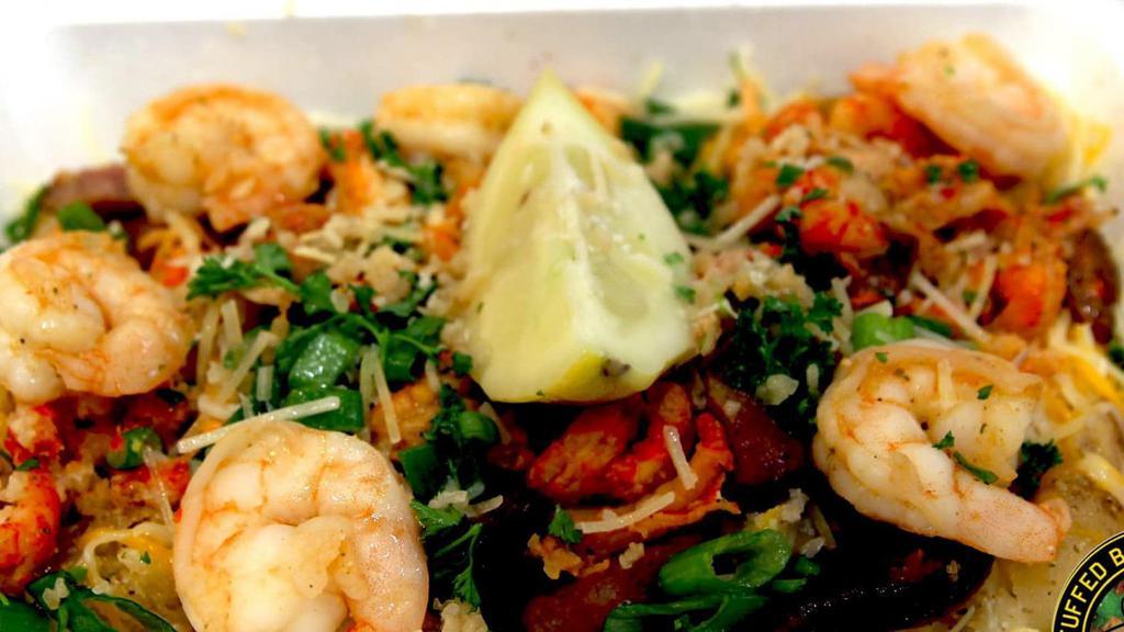 Shrimp & Crawfish Potato · Shrimp, crawfish in creamy butter, garlic bits, and parsley. Your choice of size.
