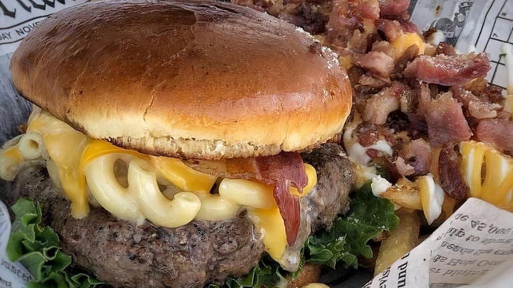 The Mac Attack Burger · Creamy mac and cheese, lettuce, mayonnaise