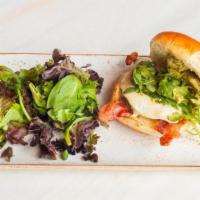 Elevated Egg Sandwich · Fresh, over easy cage-free egg with bacon, Gruyere cheese, fresh smashed avocado, mayo, and ...