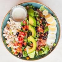 Cobb Salad · Organic mixed greens, bacon, turkey breast, egg, tomatoes, avocado and Bleu cheese crumbles ...