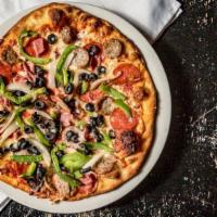 Supreme Pizza · Supreme with pepperoni, sausage ham, green peppers, onions and black olives.