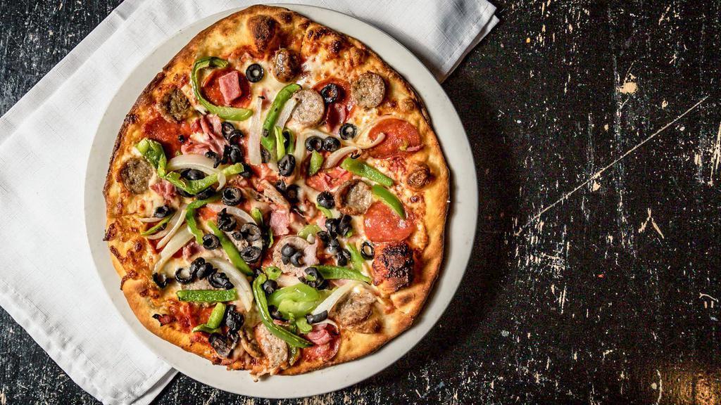 Supreme Pizza · Supreme with pepperoni, sausage ham, green peppers, onions and black olives.
