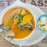Mojarra Soup · Mojarra broth with onion and tomato , served with rice .