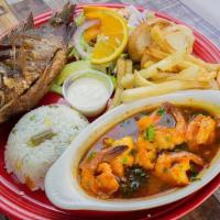 Mojarra Riviera · Fried mojarra and shrimps in creole sauce served with rice , fries , and salad .