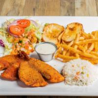 Filete Empanizado · Our special recipe of breaded fish fillet served with salad , rice and beans .