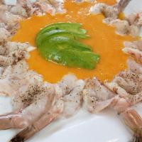 Camarones Aguachile Mango · Raw shrimp with bitter sweet spicy mango sauce