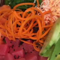 Poke Bowl · Choice of two fish (tuna, salmon, albacore, shrimp, crab salad). Sushi rice, cucumber, avoca...