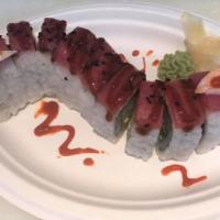 Red Dragon Roll · Sushi rice, seaweed, sesame seeds, avocado, cucumber, tempura shrimp, tuna, sushi sauce.