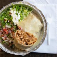 Burrito California · A large flour tortilla stuffed with chicken or steak, beans, and rice covered with cheese sa...