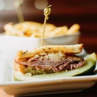 Reuben On Grilled Rye · Fresh sliced corned beef, sauerkraut, melted Swiss cheese, and thousand island dressing. Try...
