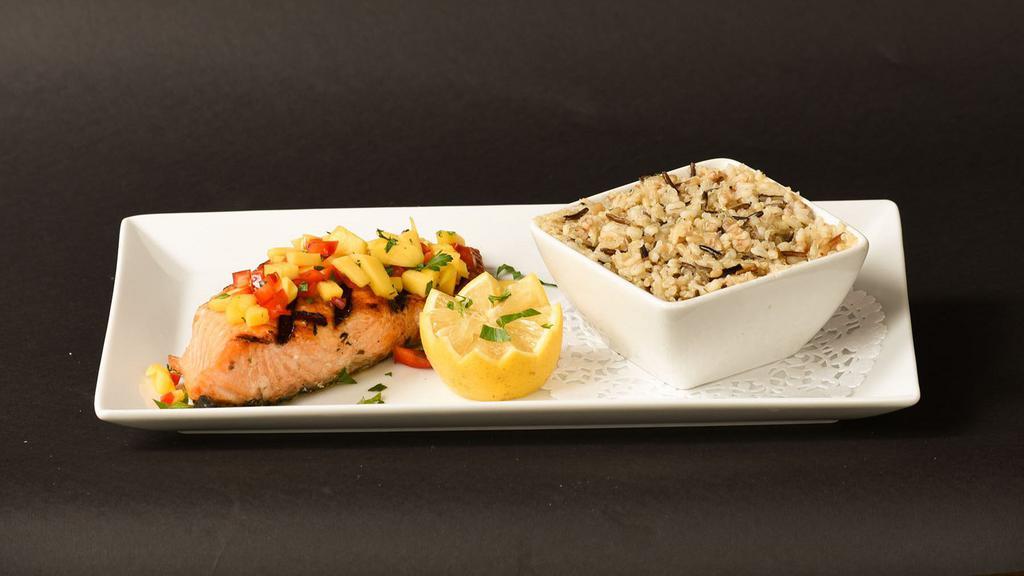 Grilled Salmon · Grilled salmon fillet topped with our fresh mango salsa and served with our homemade pearled barley risotto.