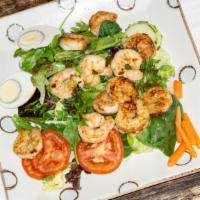 Grilled Jumbo Shrimp Salad · Twelve succulent pan-grilled jumbo shrimps, cucumber, egg, cherry tomato, julienne carrot, s...