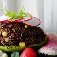 Quinoa Stuffed Avocado · Corn, Black Bean, Aji Panca, Preserved Tomato, Cilantro Aioli (GF, Vegan)