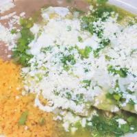 Enchiladas Verdes Combo · Four corn tortillas, chicken inside, salsa verde, onion, cilantro, sour cream, and fresh cru...