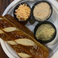 Pretzel Sticks & Dip Trio  · Baked and salted pretzel sticks with three dips: house pimento cheese, house beer cheese and...