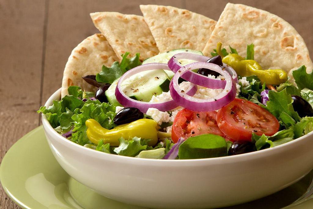 Greek · (select salad to see price). tomatoes, cucumbers, red onions, kalamata olives, feta cheese & pepperoncini