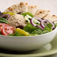 Mediterranean Hummus Salad · (select salad to see price). traditional hummus, tomatoes, cucumbers, red onions, kalamata o...