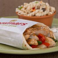 Santorini Chicken Pita · grilled marinated chicken breast with grilled peppers and onions & tzatziki pita sauce