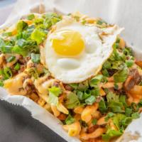 K-Town Fries · Fries topped with Korean marinated beef with kimchi bits, sunny side up egg, kimchi mayo, ci...