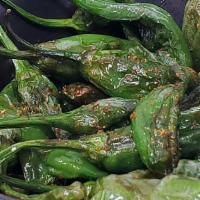 Shishito Peppers · Vegan, spicy, vegetarian. Deep fried shishito peppers with sweet soy and togarashi (Japanese...