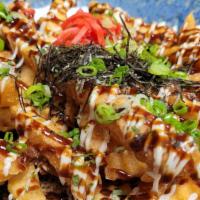 Okonomiyaki Fries · French fries with Japanese barbecue sauce, seaweed flakes, mayonnaise.