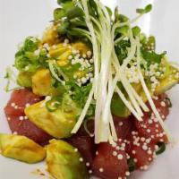 Tuna Avocado Appetizer · Spicy. Diced tuna, diced avocado, scallions, rice pearl, kaiware (micro sprouts), spicy mayo.