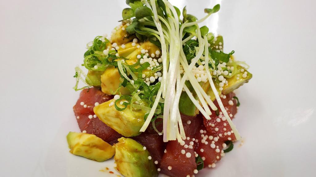 Tuna Avocado Appetizer · Spicy. Diced tuna, diced avocado, scallions, rice pearl, kaiware (micro sprouts), spicy mayo.