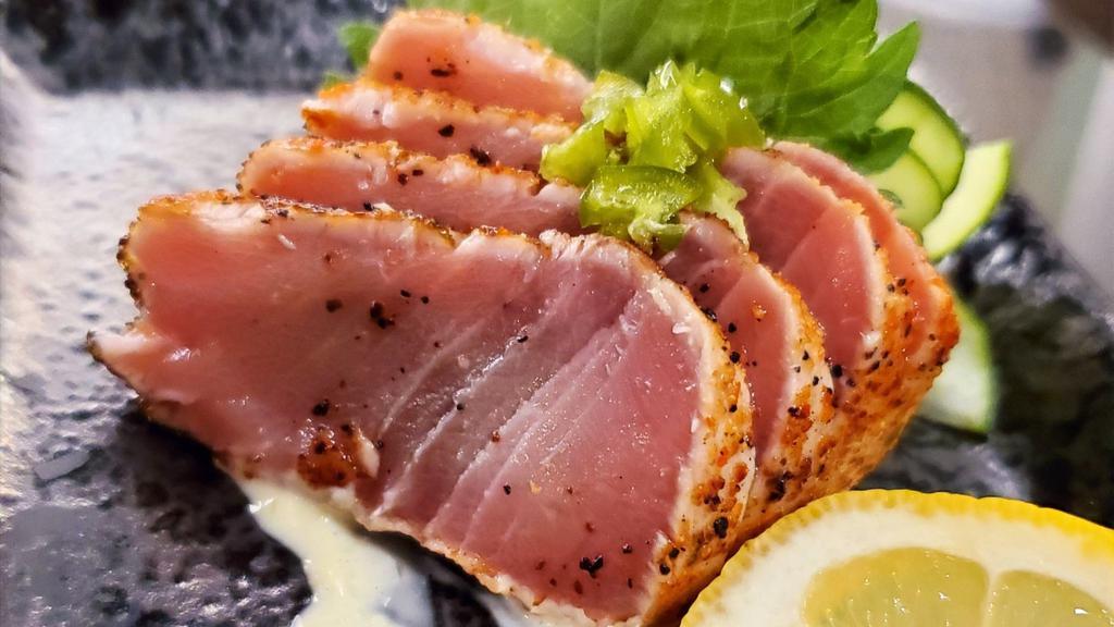 Tuna Tataki · Spicy. Seared tuna, wasabi mayo, togarashi.