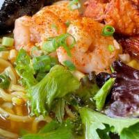 Seafood Ramen · Lobster and shrimp based broth; comes with shrimps, mussels, soft boiled egg, daily.